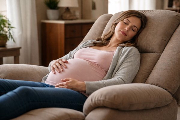 Gestante descansando tranquila em poltrona reclinável, apoiando as mãos na barriga